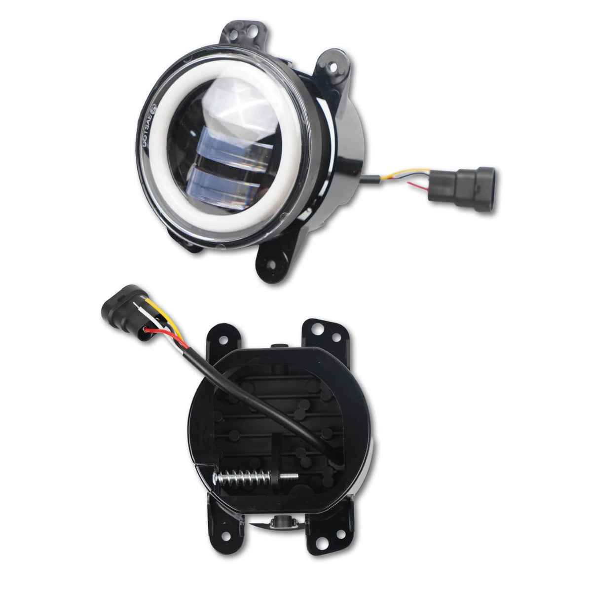 Round LED headlight with mounting bracket, black rear housing, and attached wiring plug