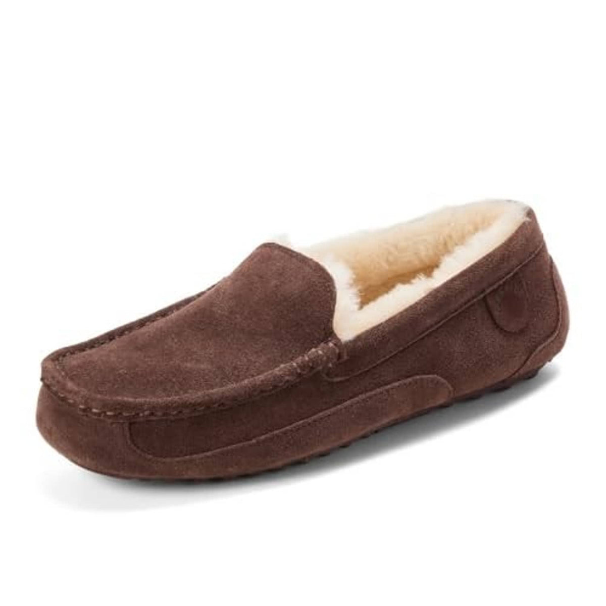 Coffee brown moccasin slippers with white shearling trim and stitched moc toe