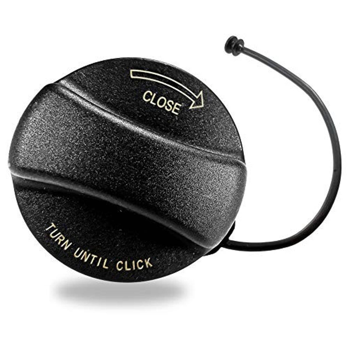 Fuel tank gas cap with CLOSE arrow and TURN UNTIL CLICK text, shown with cable