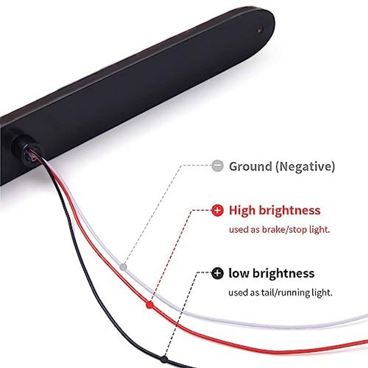 Black LED trailer tail light strip with wiring leads and connector on one end