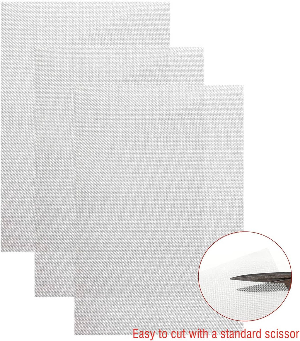 Stacked light gray wire mesh sheets with fine grid texture