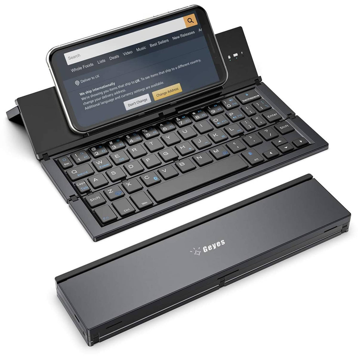 Foldable Bluetooth keyboard with backlit keys and tablet stand, dark gray.