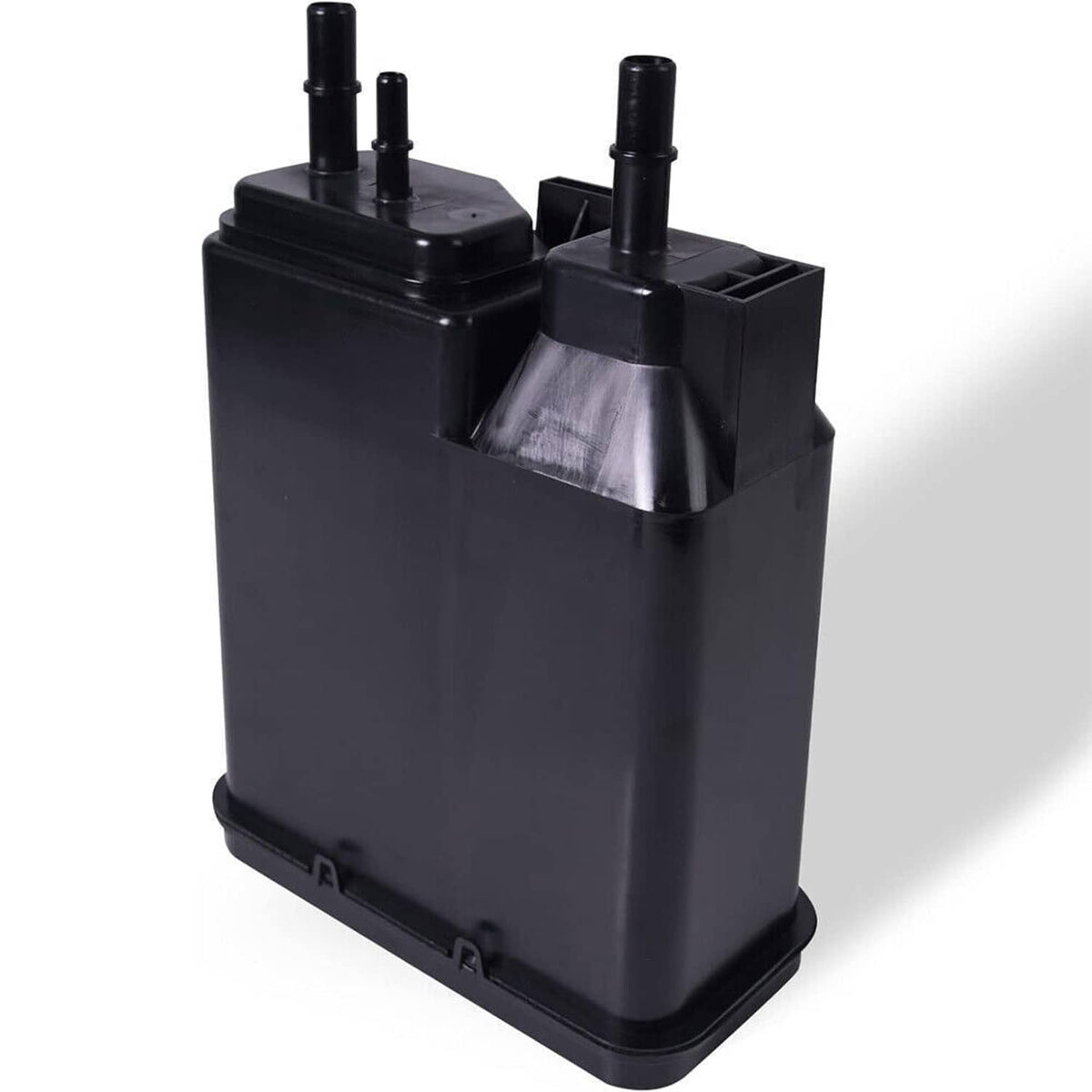 Black car vapor canister with top tube fittings and side connector opening