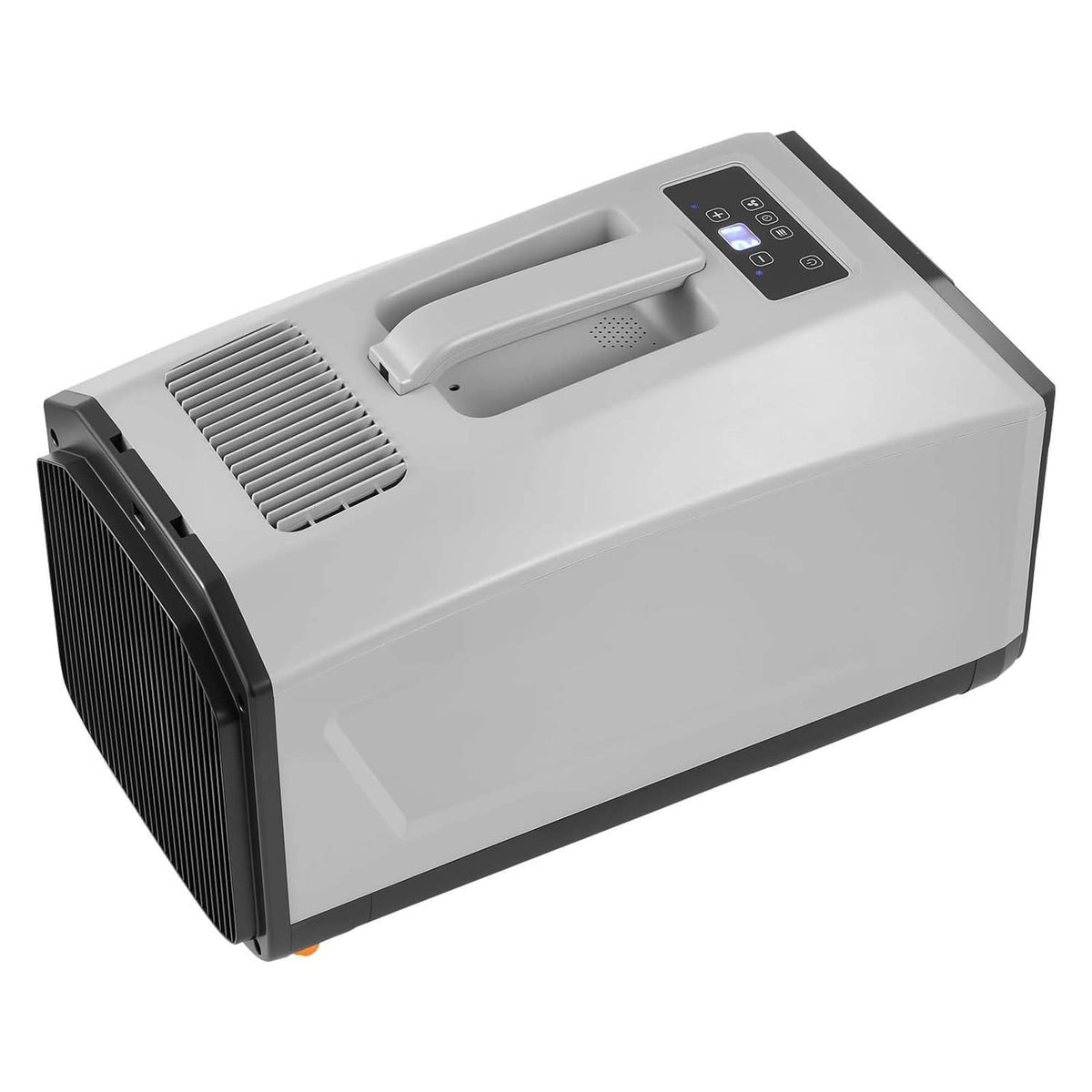 Portable camping air conditioner unit in dark gray with top handle and control buttons
