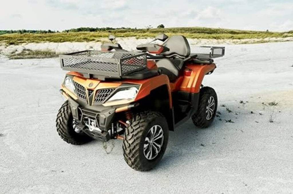 ATV with black steel mesh front cargo basket and rear cargo basket installed