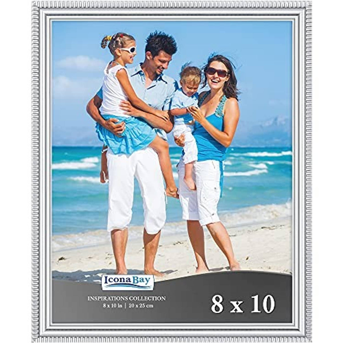 Silver 8x10 picture frame with ridged border, featuring a family photo on sand