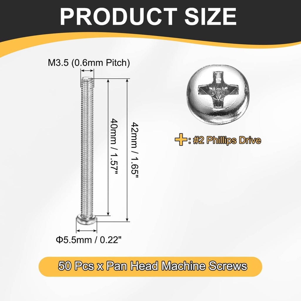 M3.5 x 40mm pan head machine screws with #2 Phillips drive
