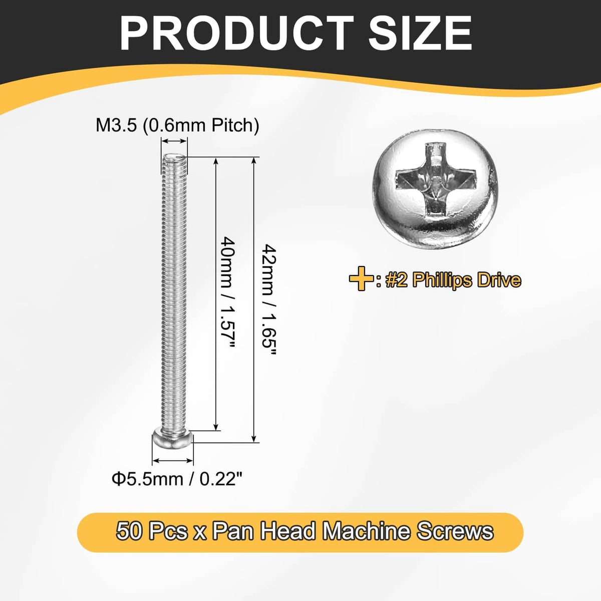 M3.5 x 40mm pan head machine screws with #2 Phillips drive