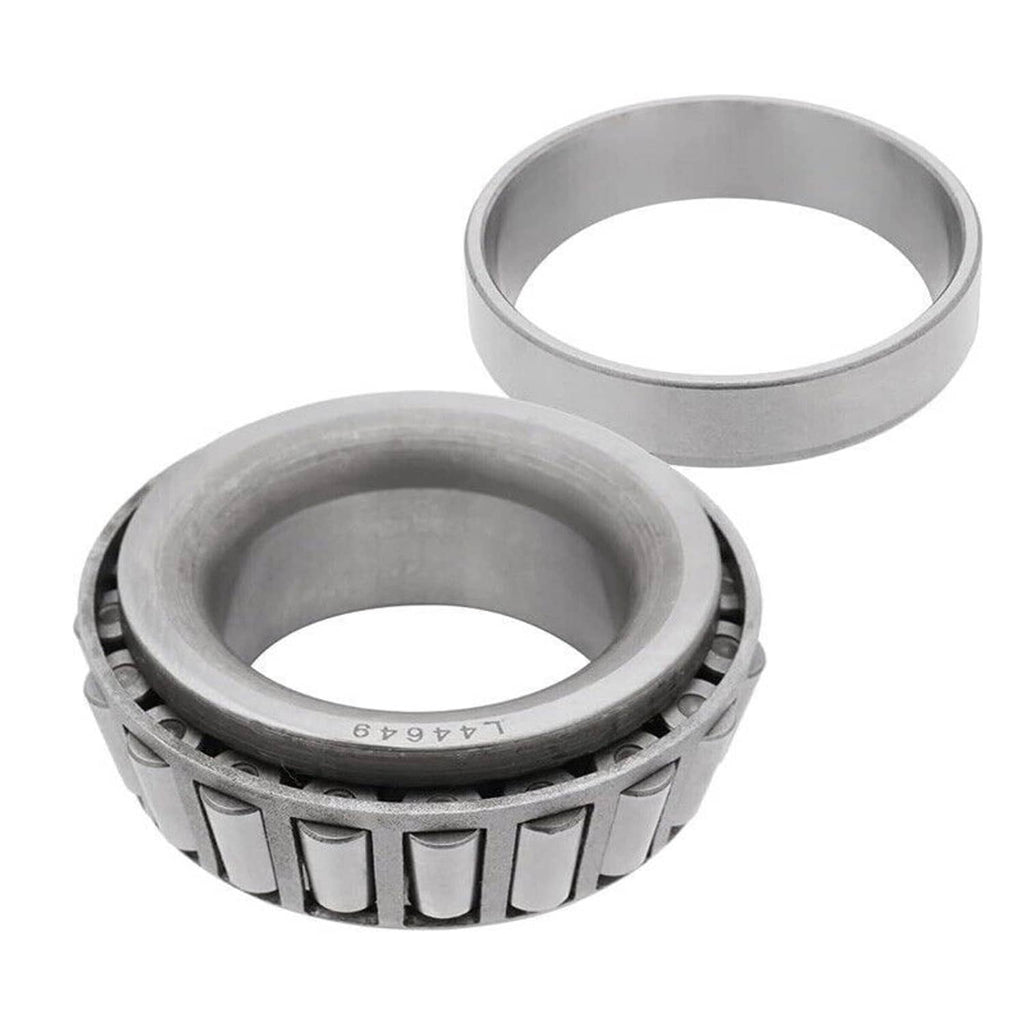 Tapered roller bearing and outer race viewed from above with stamped markings