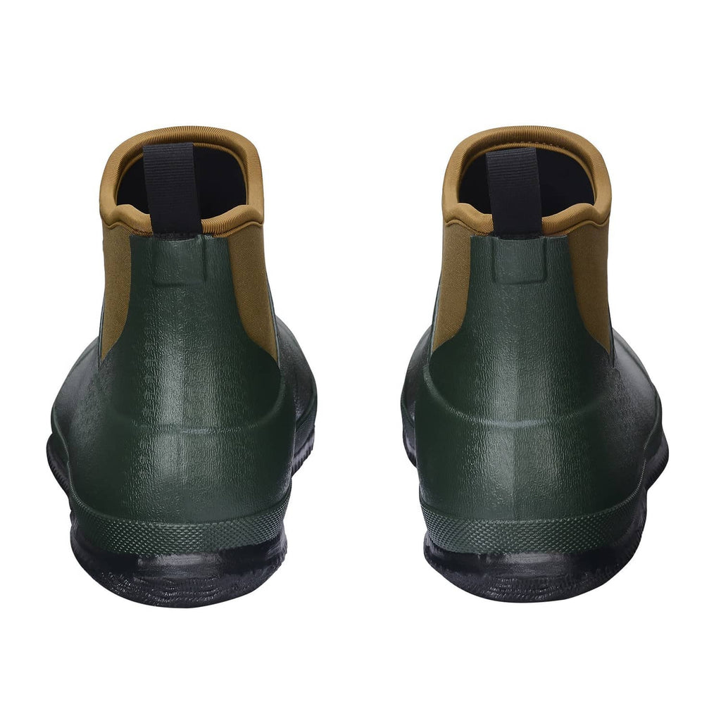Back view pair of green waterproof ankle deck boots with tan collar and treaded sole