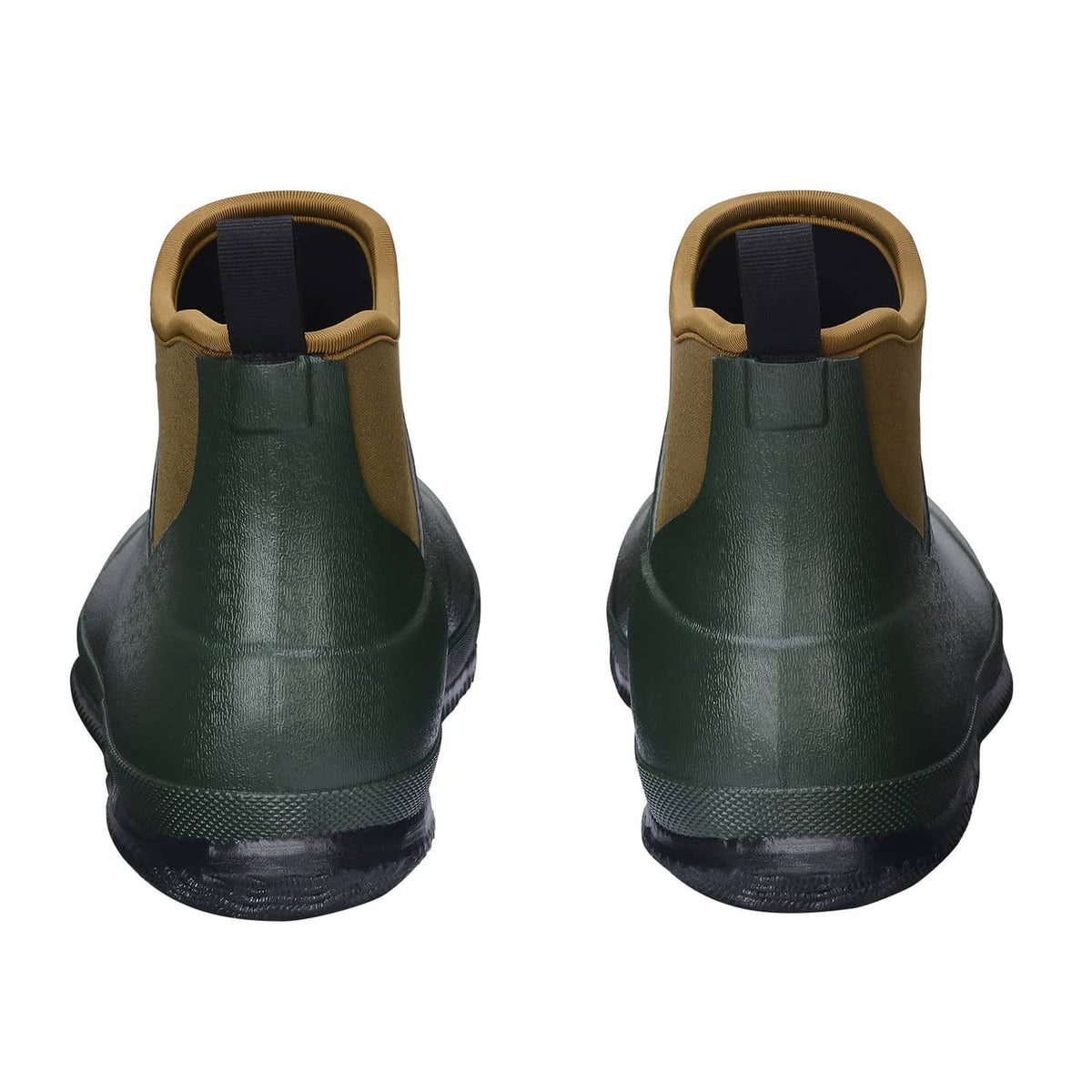 Back view pair of green waterproof ankle deck boots with tan collar and treaded sole