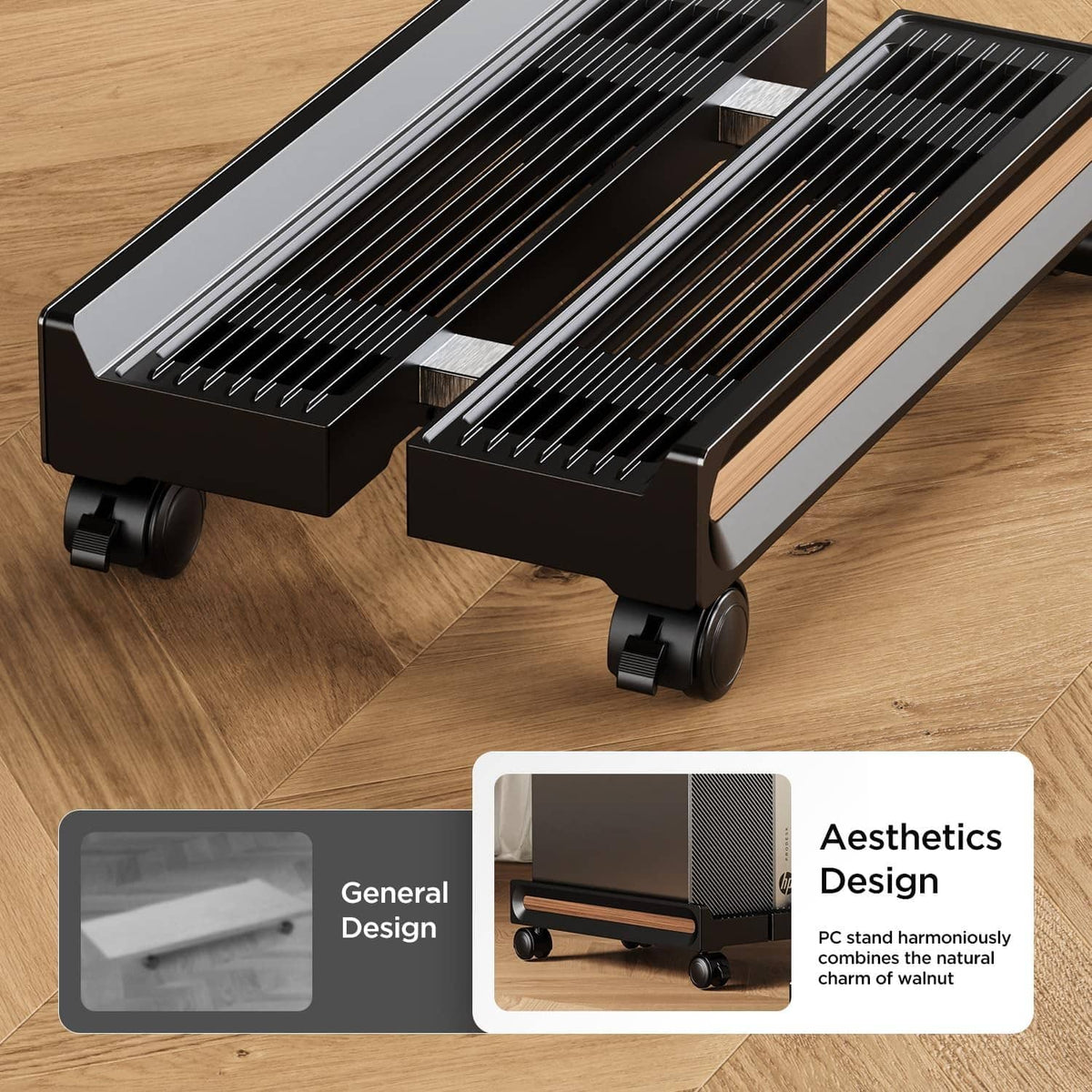 Black adjustable computer stand with vent slats, wood side panels, caster wheels on floor