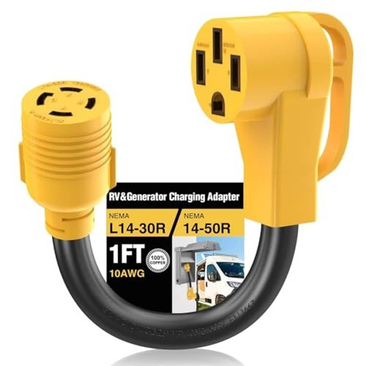 Yellow twist-lock adapter cord with L14-30R and 14-50R generator connectors, black cable