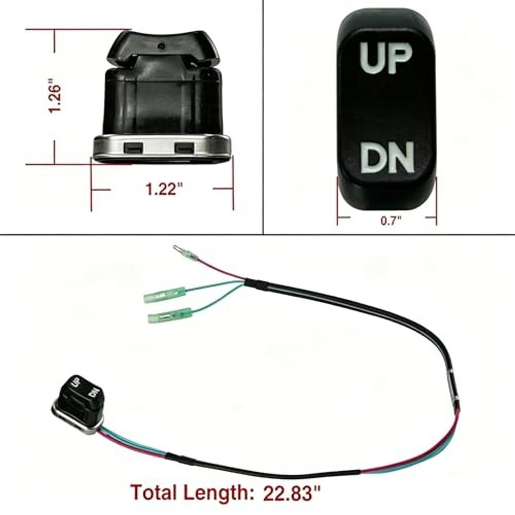 Trim tilt switch with cable and green connector terminals, shown with size markings