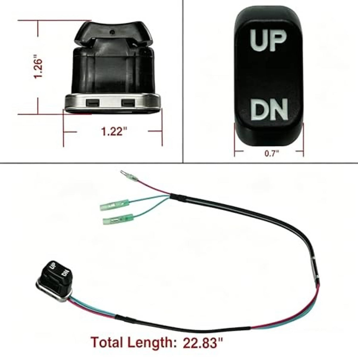 Trim tilt switch with cable and green connector terminals, shown with size markings