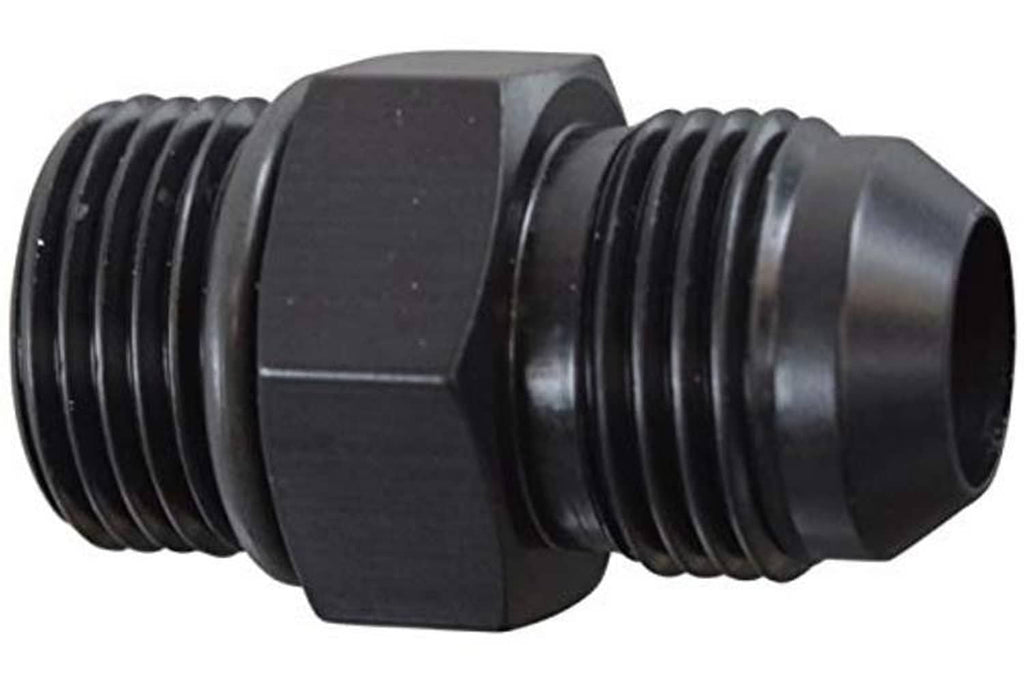 Black ORB male adapter fitting with flare hose connection threads, close-up
