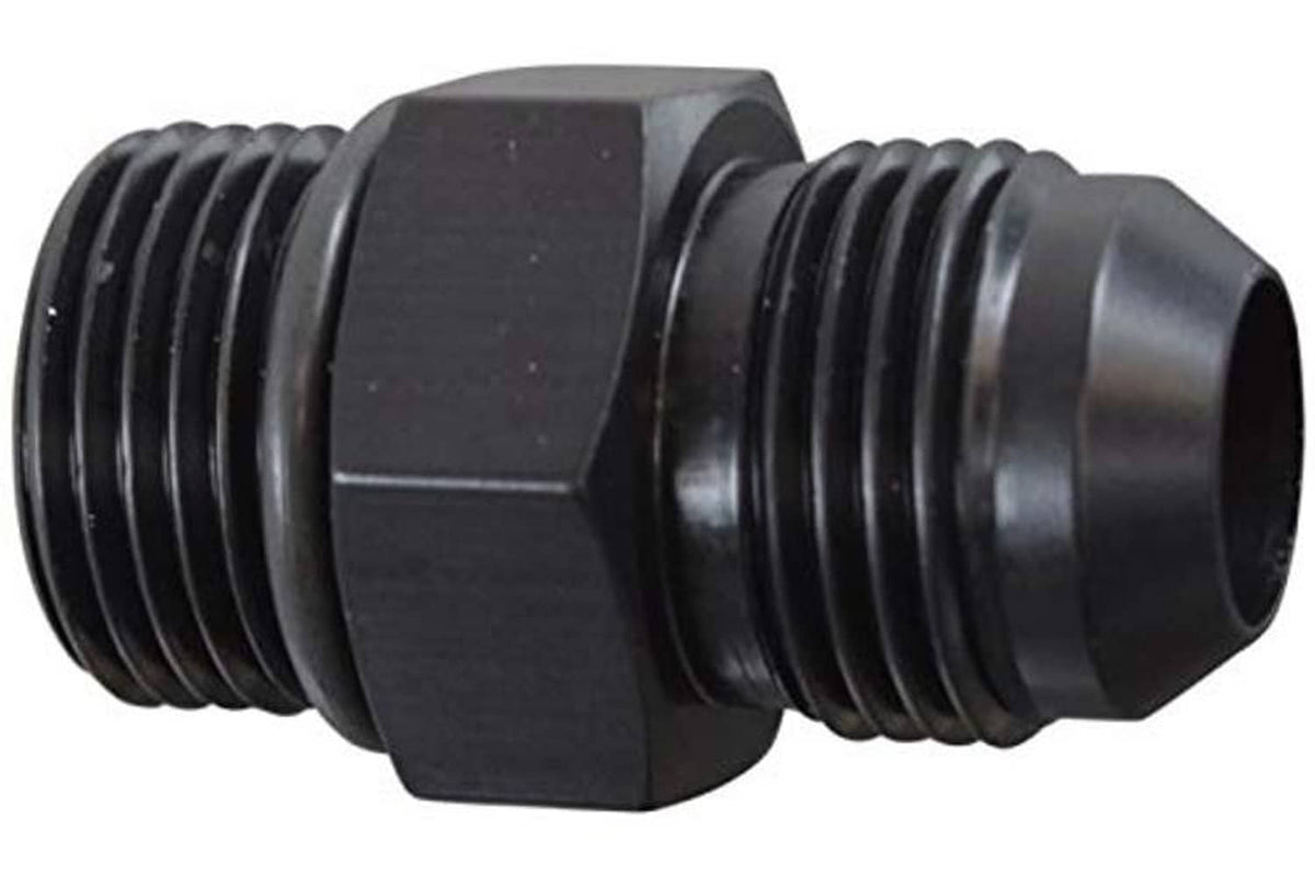 Black ORB male adapter fitting with flare hose connection threads, close-up