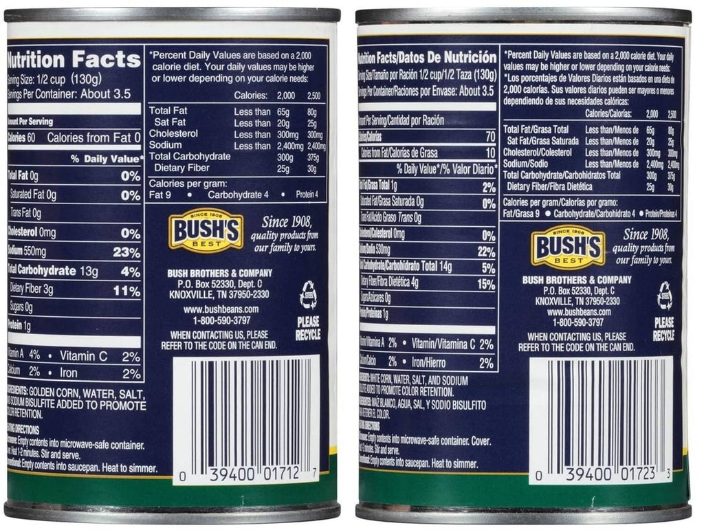 Bush's Best Golden Hominy can back with Nutrition Facts and barcode label
