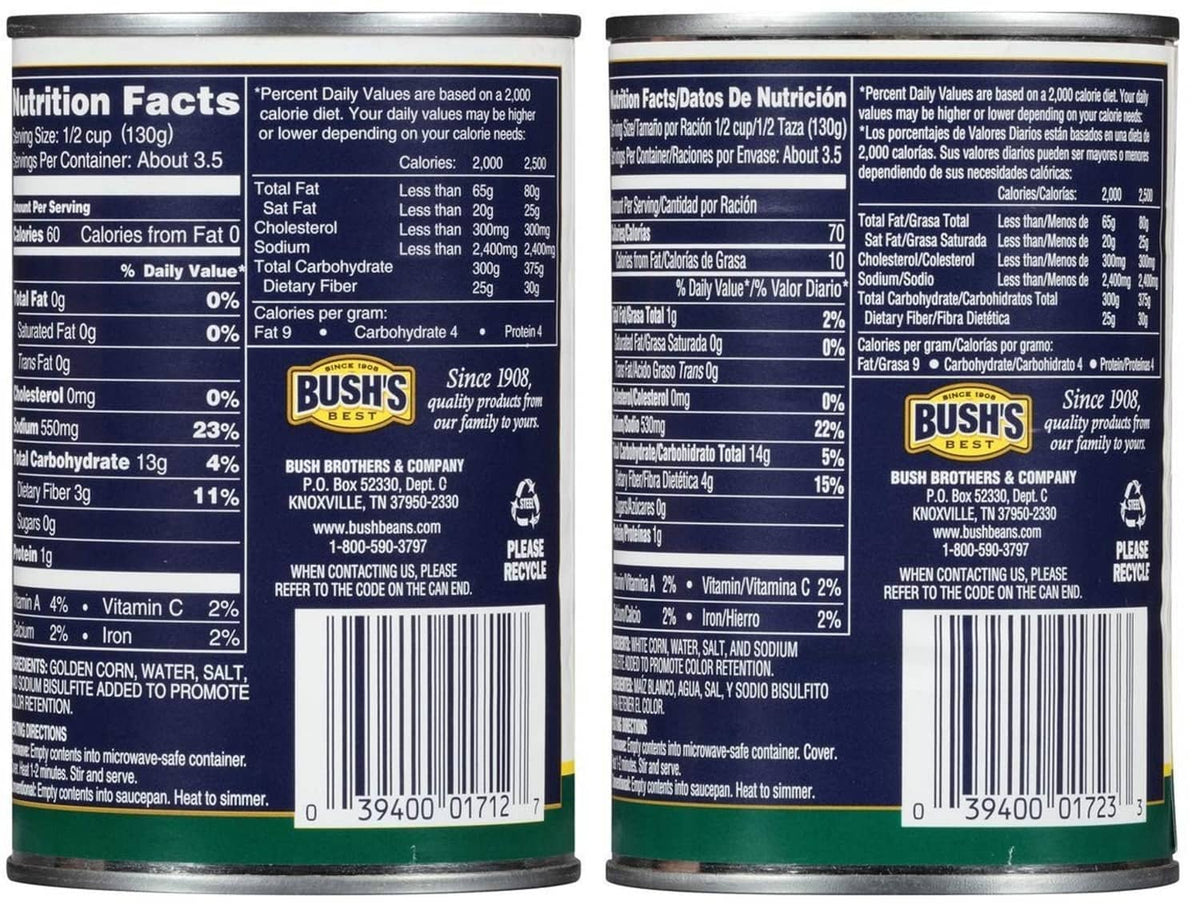 Bush's Best Golden Hominy can back with Nutrition Facts and barcode label