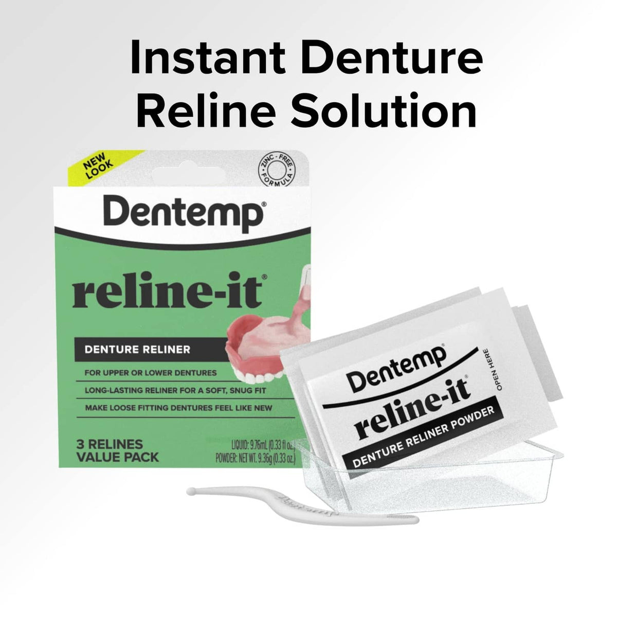 Dentemp reline-it denture reliner kit with sachets and powder, green and white front box