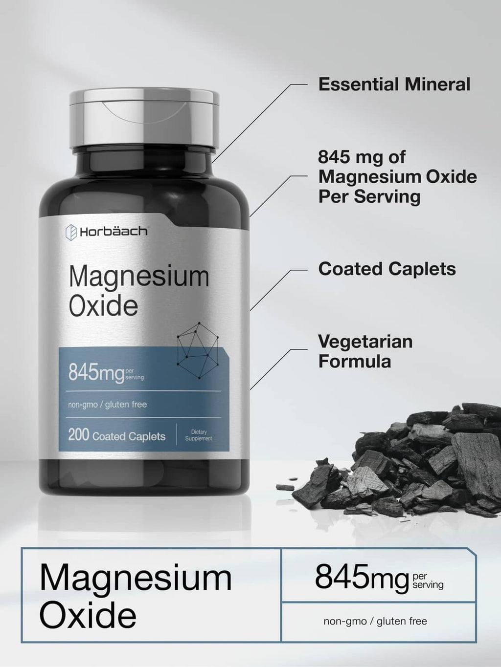Magnesium oxide supplement bottle with 845 mg per serving and coated caplets callouts