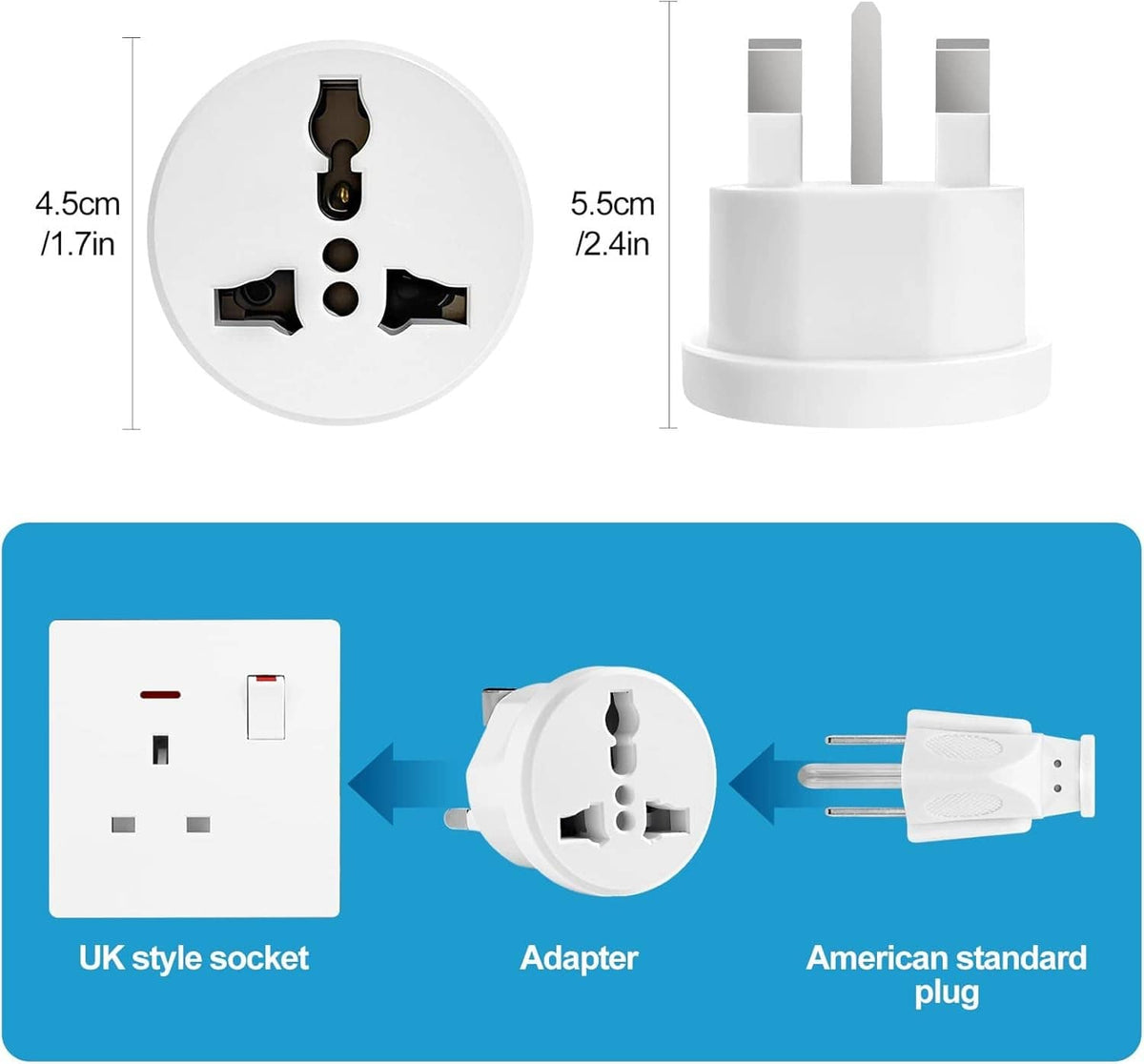 Round Type G adapter showing UK socket and American plug, compact white design