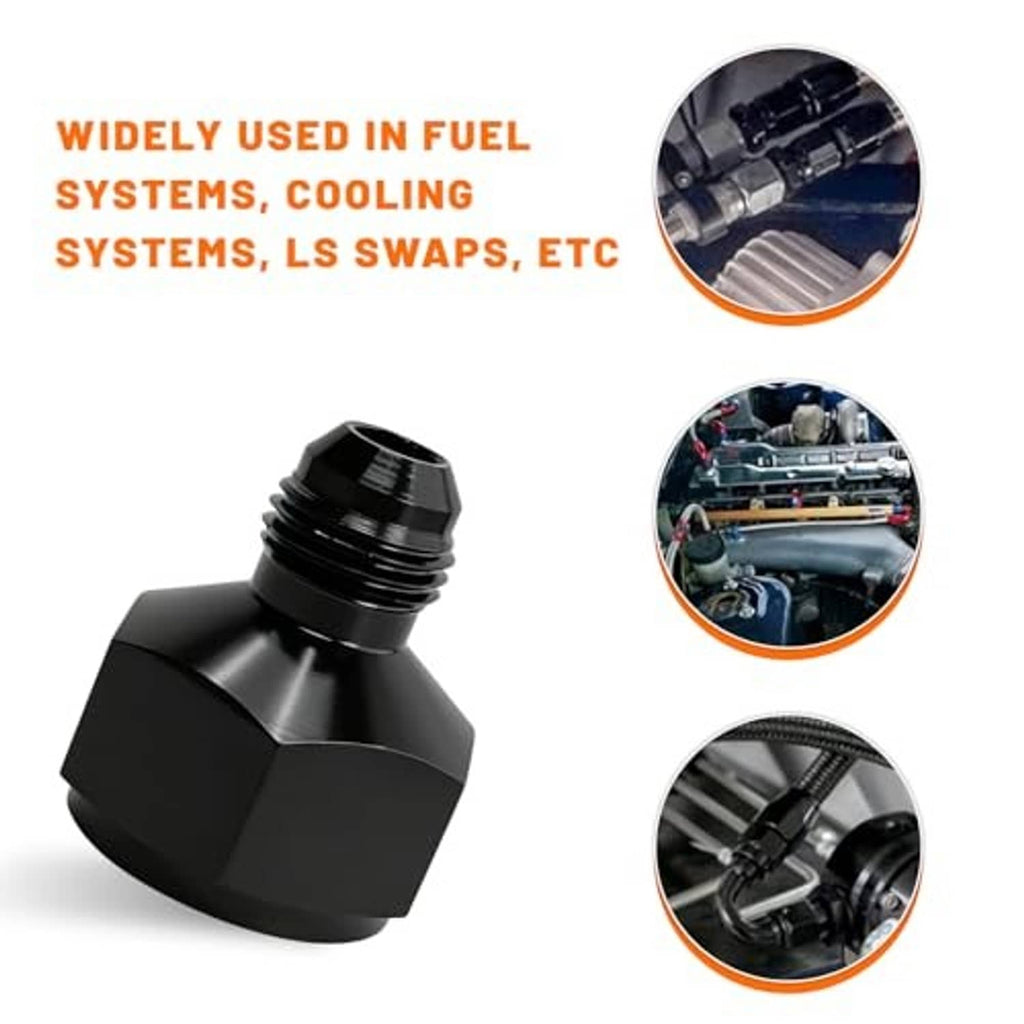Black AN10 to AN6 flare reducer adapter, used for fuel, cooling, and swap connections (2-pack).