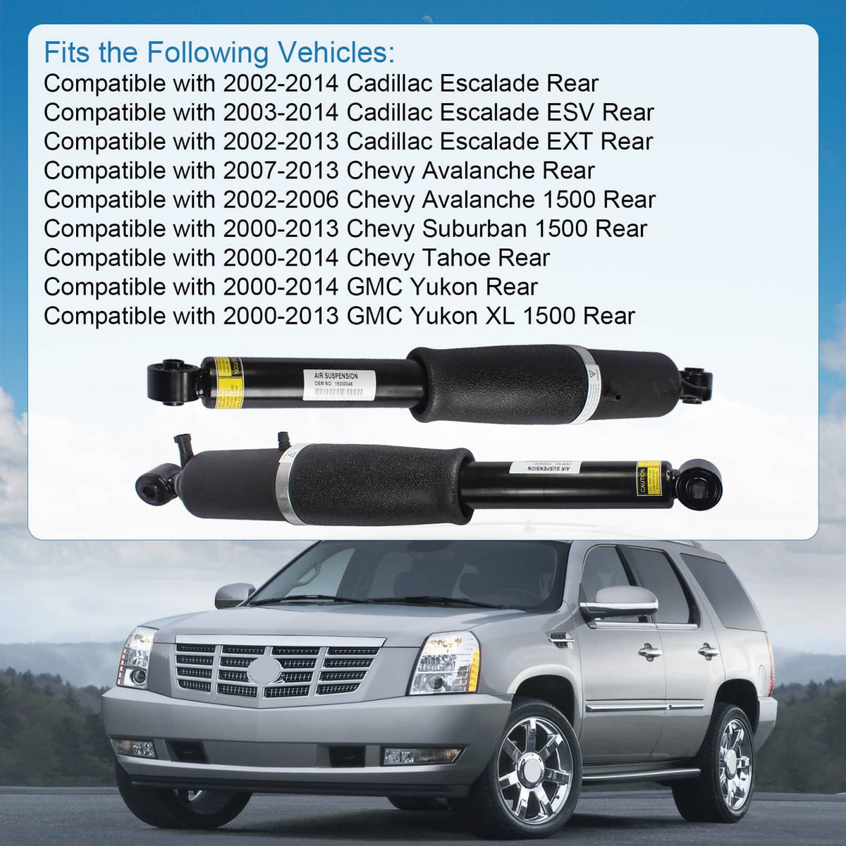 Pair of black air strut shock absorbers displayed with SUV in background.