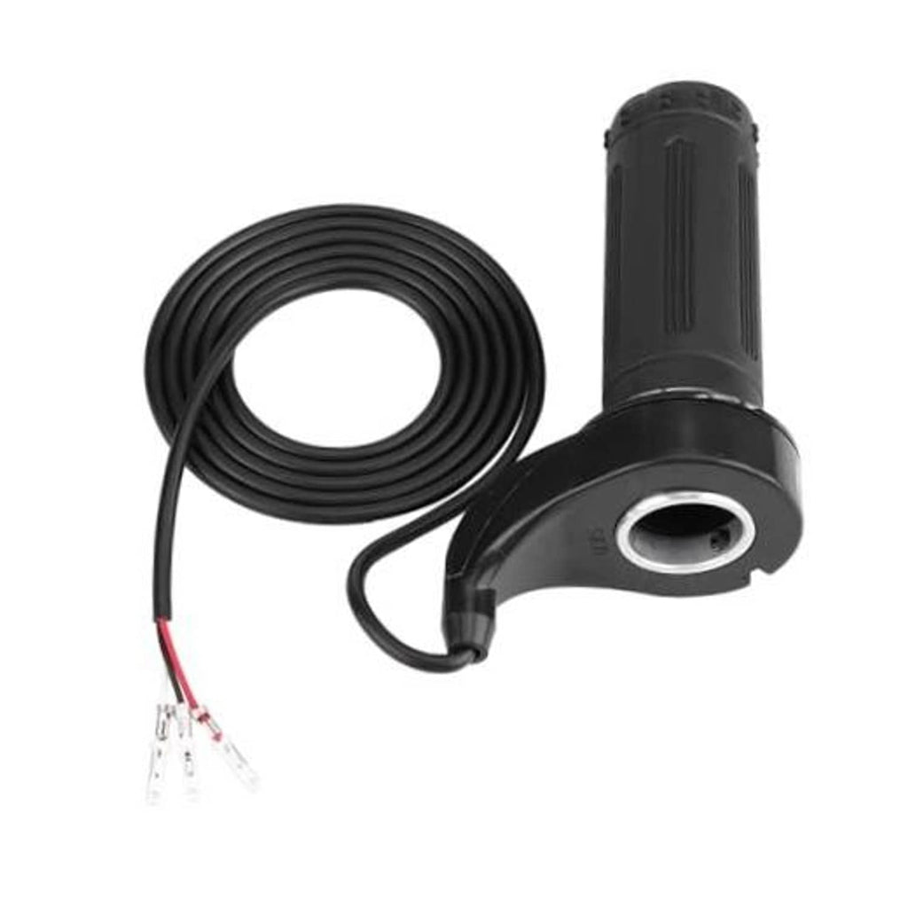 Electric scooter throttle with black grip, wiring harness, and 3-pin connector leads
