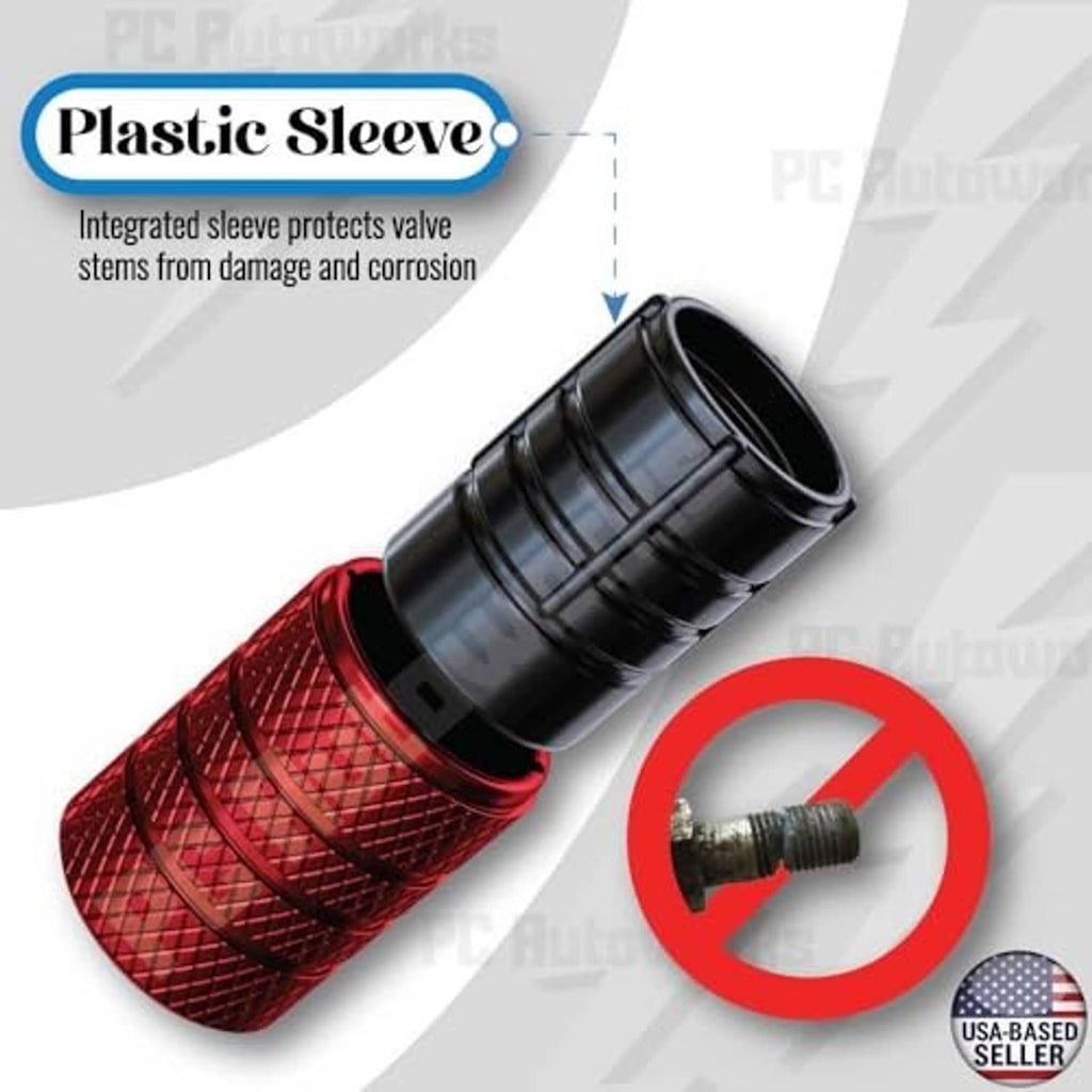Red and black tire valve stem cap with integrated protective plastic sleeve