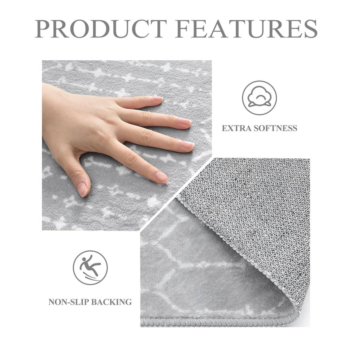 Grey round rug corner detail with white pattern; hand shows extra softness, non-slip backing