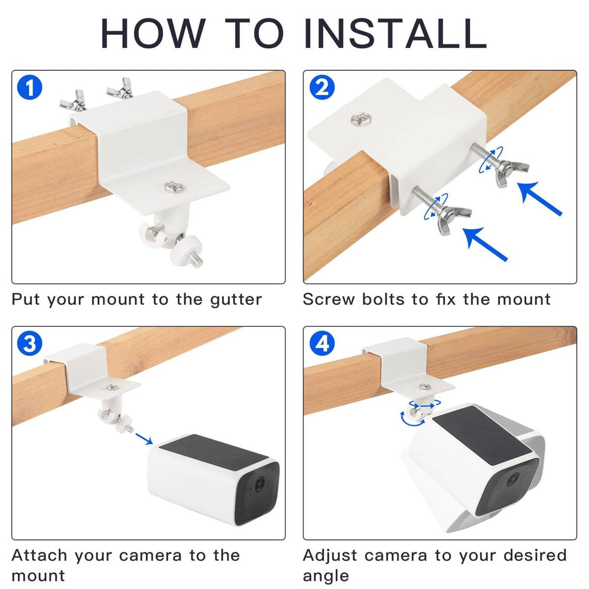 White gutter mount installation steps showing bracket, screws, and camera attachment