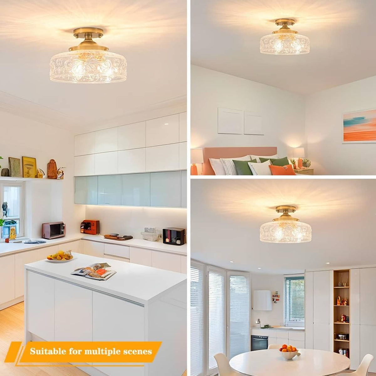 Gold ceiling light with clear embossed glass globe shade, shown in multiple room angles