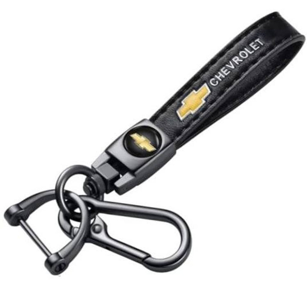 Black leather key fob strap with Chevrolet logo and metal key ring clip