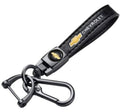 Black leather key fob strap with Chevrolet logo and metal key ring clip