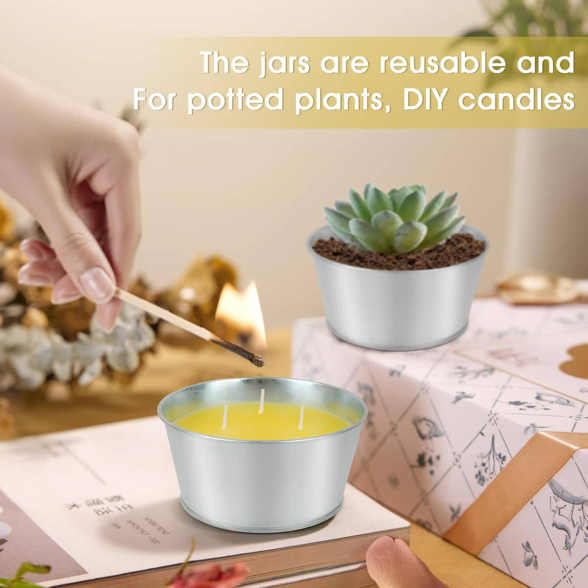 Person lighting citronella candle in silver tin with yellow wax and a wick