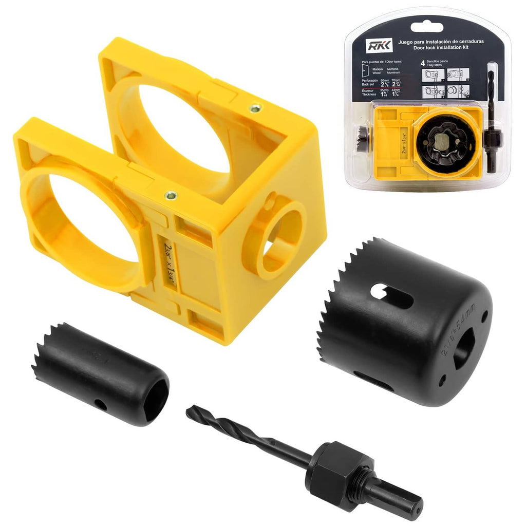 Yellow door lock installation jig with hole saw and pilot drill