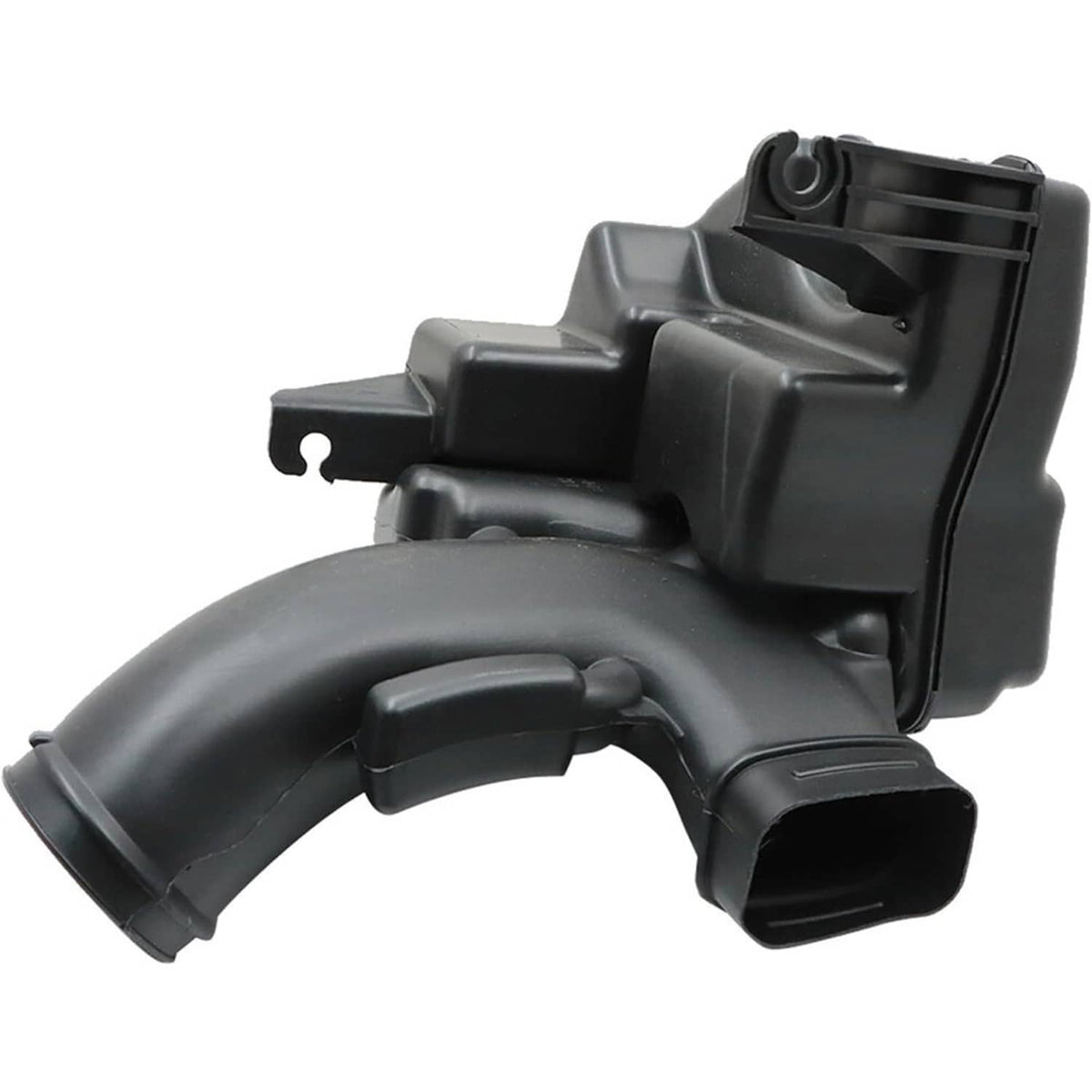 Black plastic air intake lower resonator with intake elbow and rear mounting housing