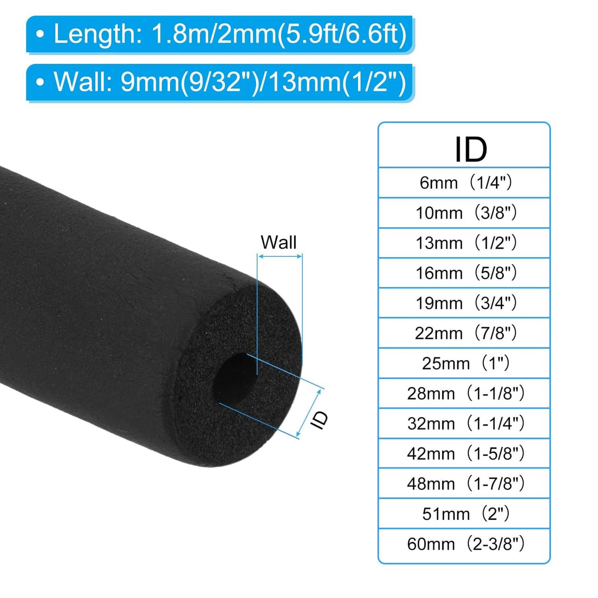 Black foam pipe insulation tube section with curved end and hollow interior