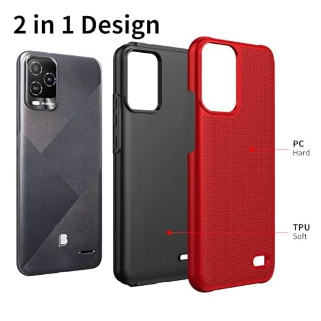 Red textured dual-layer phone case with camera cutout and screen-safe raised lip