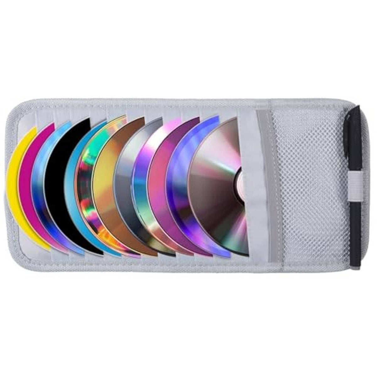 Gray car visor CD case with rainbow discs inside and black end strap