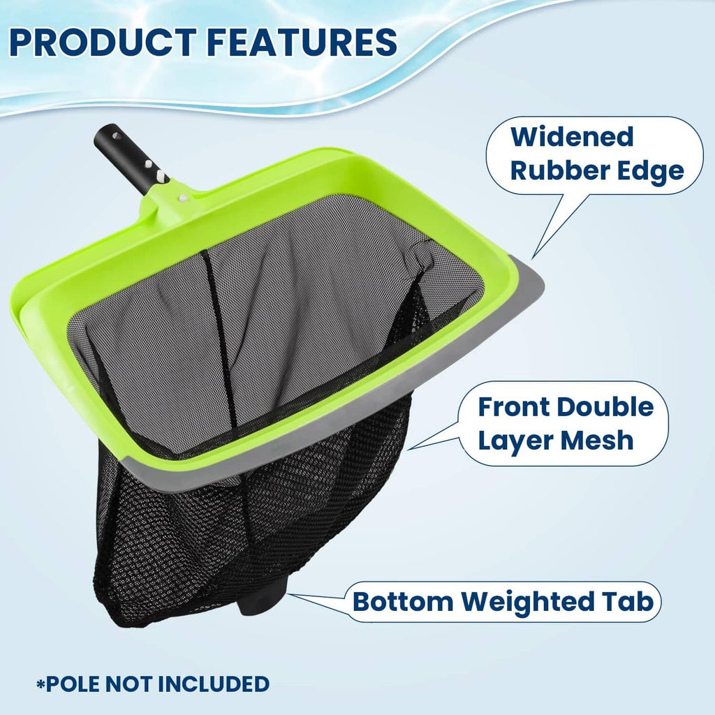 Green pool net frame with wide rubber edge and bottom weighted tab, black mesh bag