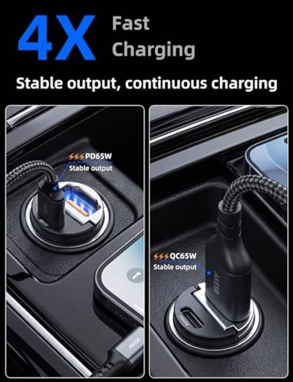 Car fast charger with two USB ports and braided cables plugged in
