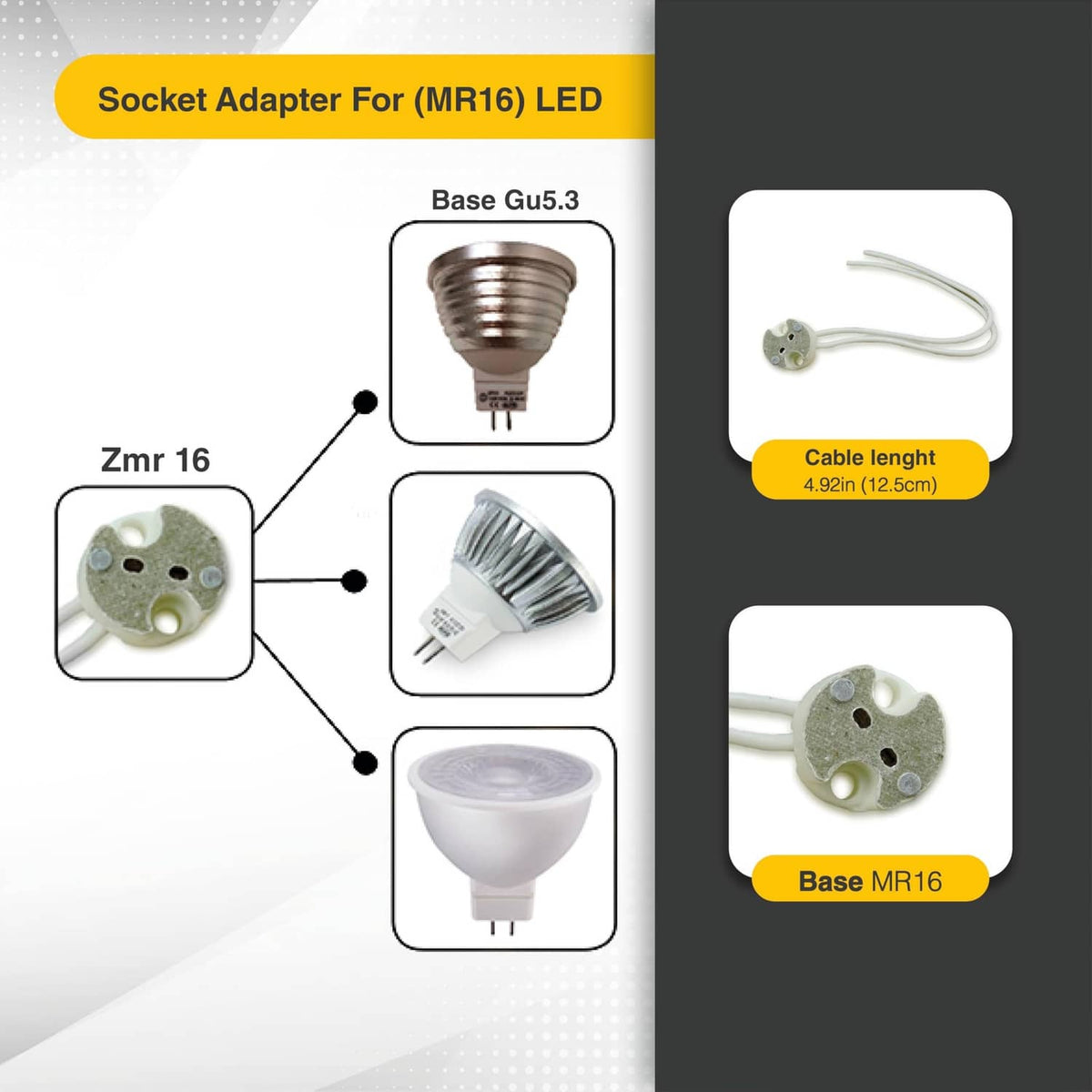 Socket adapter with white cable and mini bi-pin socket, labeled for MR16 base use