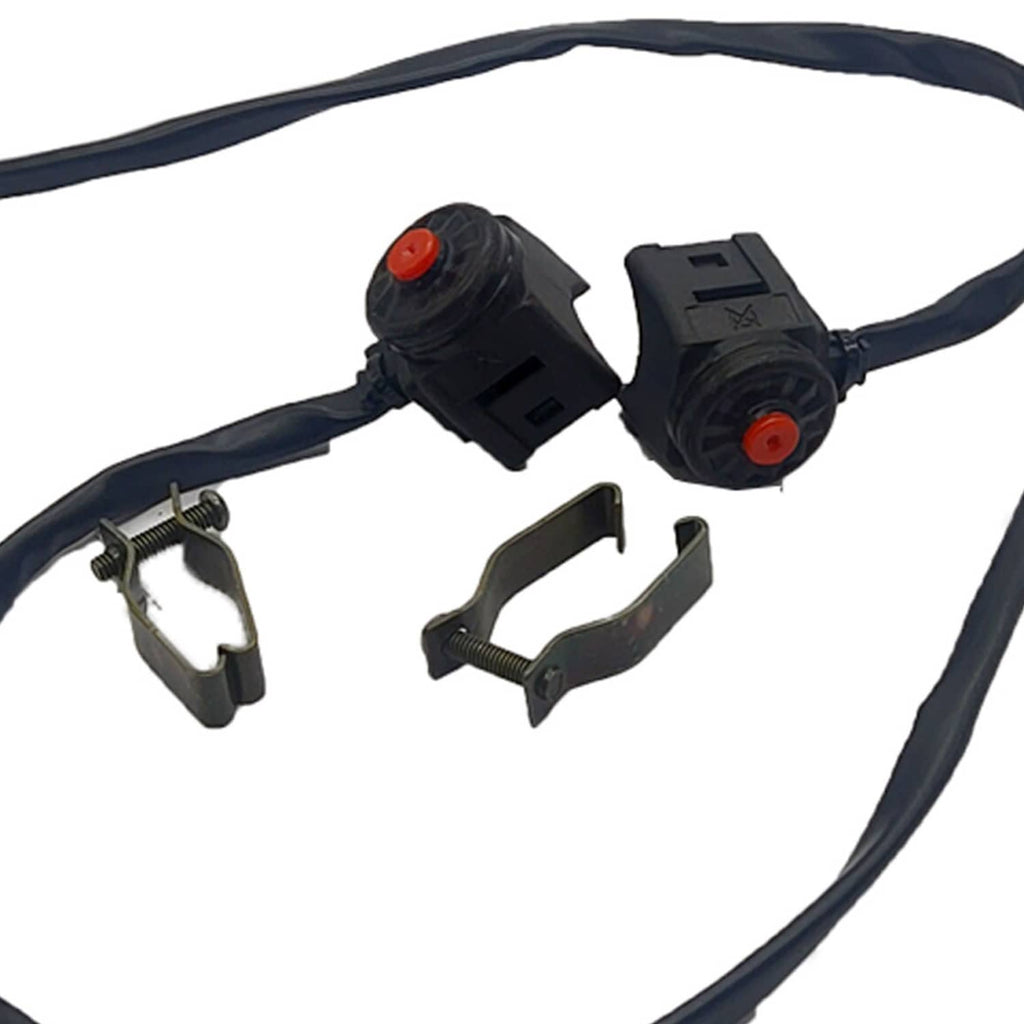 Motorcycle kill switch assembly with black housing, red push button, and wire leads