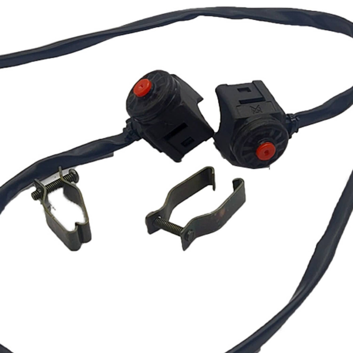 Motorcycle kill switch assembly with black housing, red push button, and wire leads