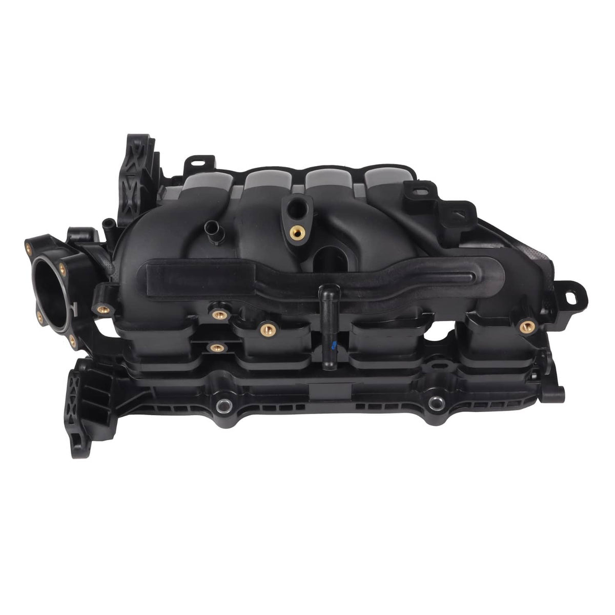 Black air intake manifold with outlet inlet openings and mounting hardware points