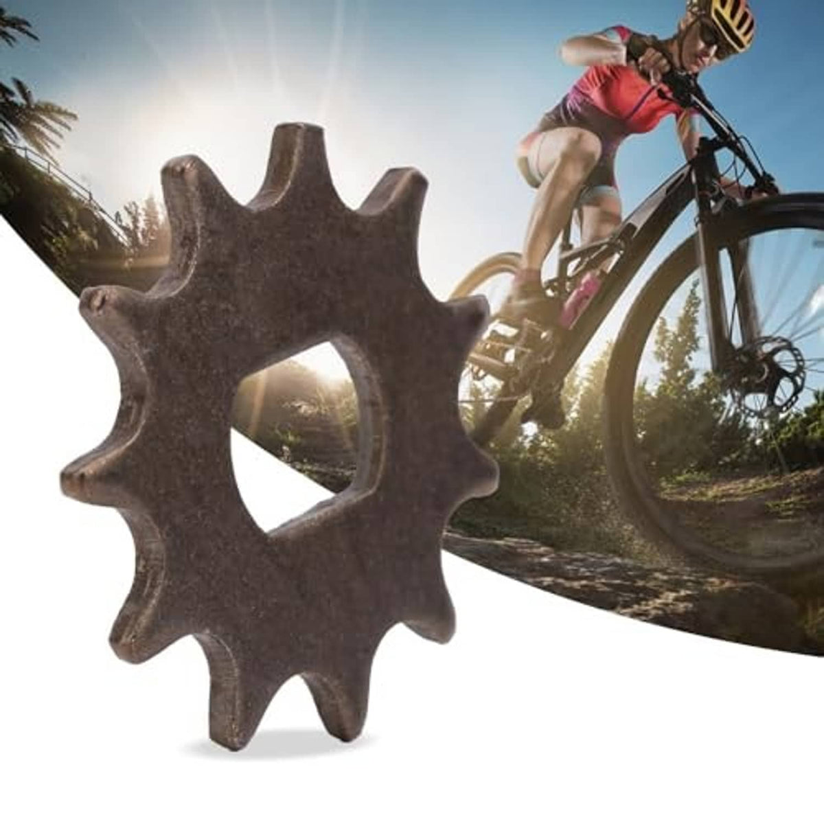 Steel 11-tooth sprocket wheel with central square hole in foreground