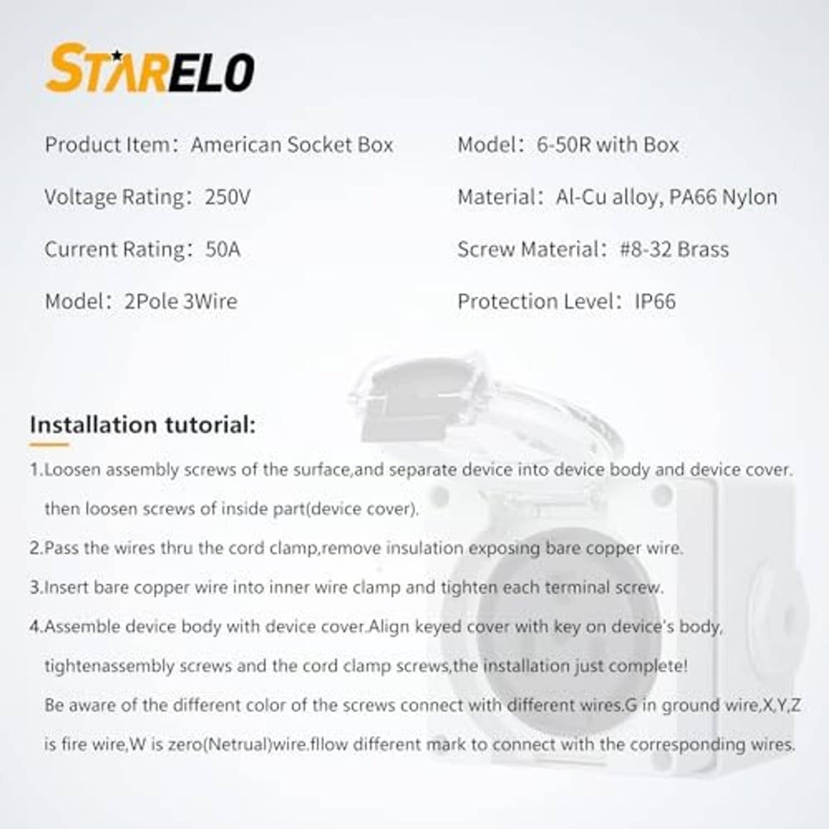 White outlet box spec sheet showing installation instructions and voltage rating