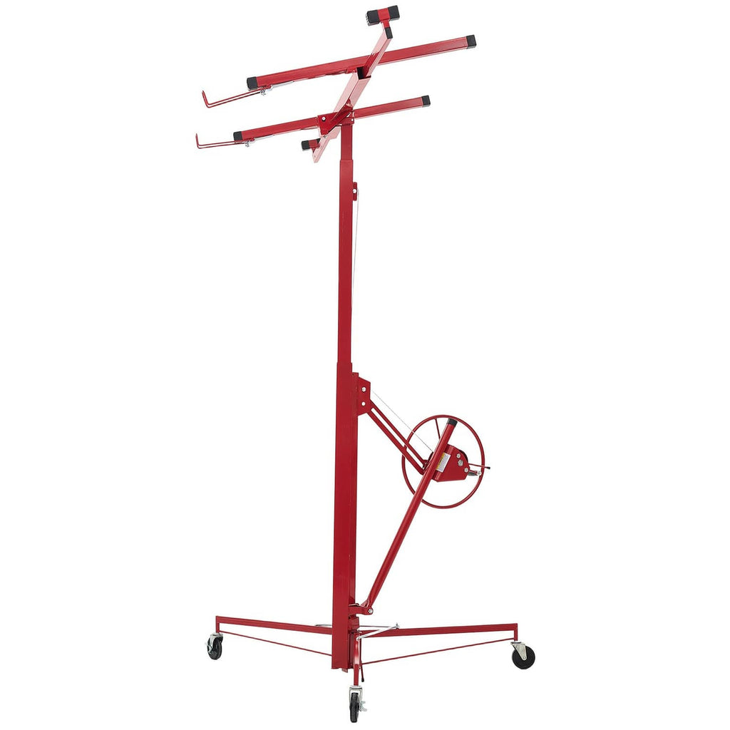 Red drywall lifter hoist with adjustable arms and locking wheels